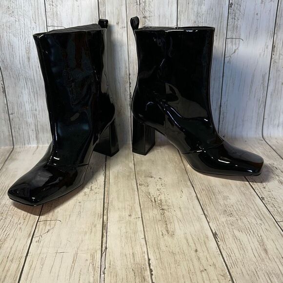 NEW Good American Black Patent Leather Booties Womens Size 8 in Box Square Toe - Picture 3 of 8